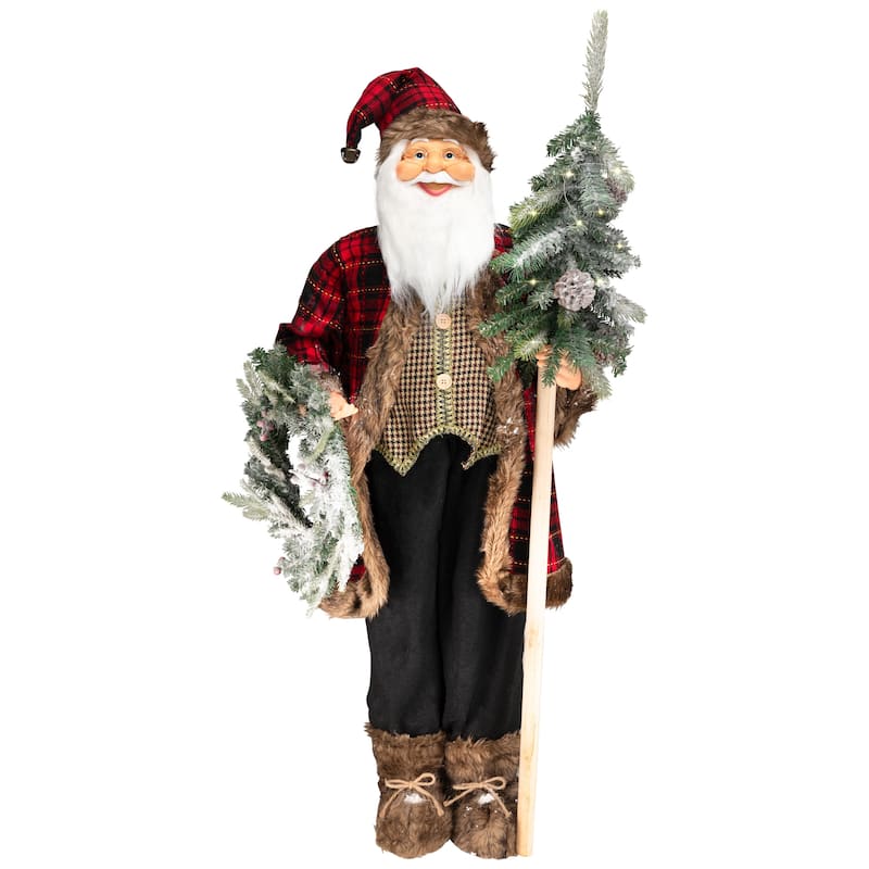 Plaid Standing Santa with Wreath & Alpine Tree Christmas Figure - 4'