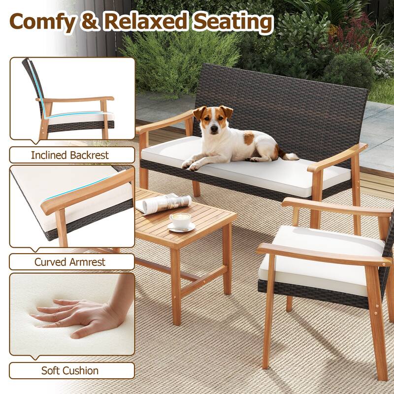 Gymax 4 PCS Patio Furniture Set w/Acacia Wood Coffee Table & Soft