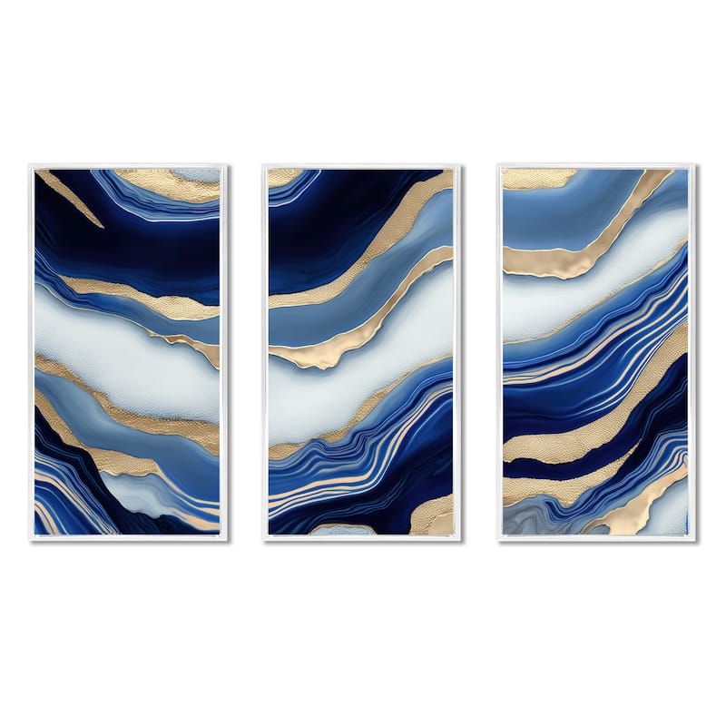 Designart "Vibrant Blue And Gold Flow Art III" Transitional Framed Canvas Art Print - 3 Panels