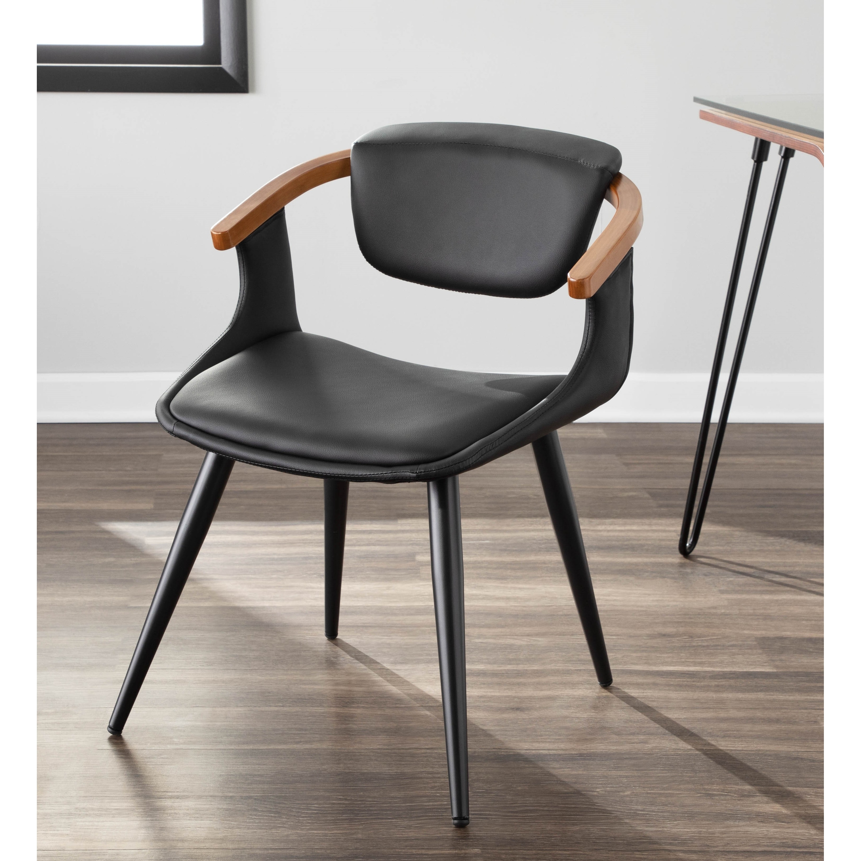 Oracle Mid Century Modern Dining Chair in Faux Leather Black Metal Walnut Wood N A