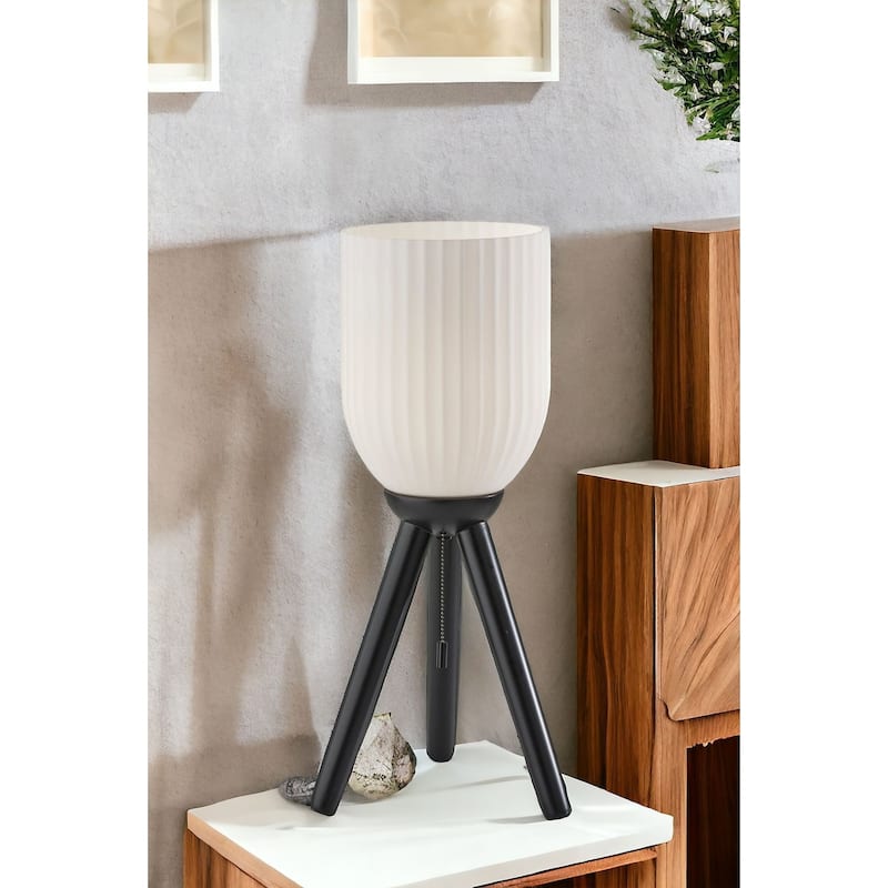 HomeRoots 23" Black Solid Wood Tripod Table Lamp With White Ribbed Glass Shade - 10 - 10