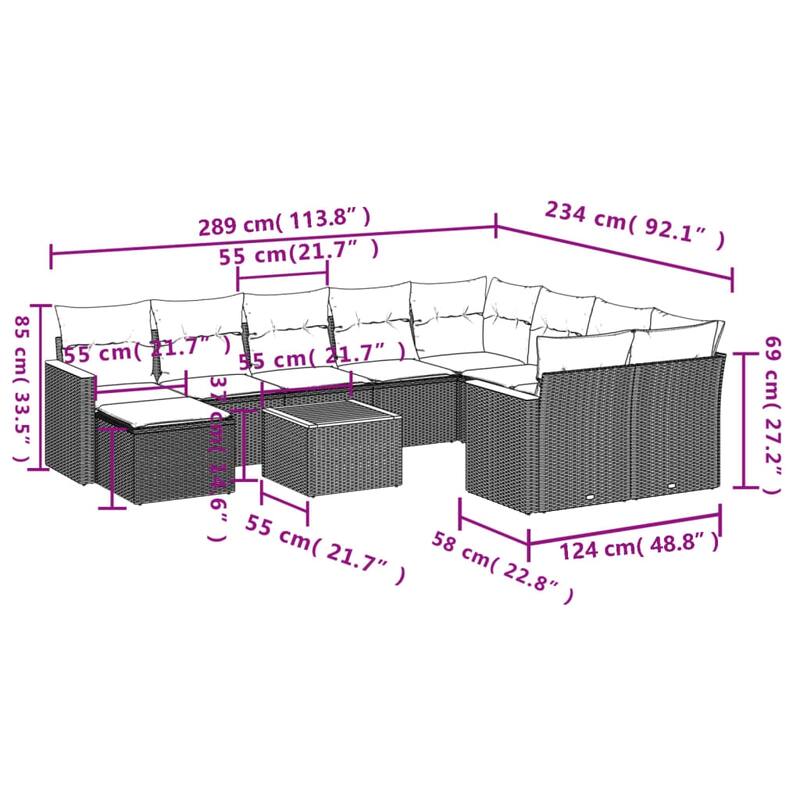 vidaXL Patio Sofa Set with Cushions Outdoor Furniture 11 Piece Poly Rattan - 24.4 x 24.4 x 27.2 in