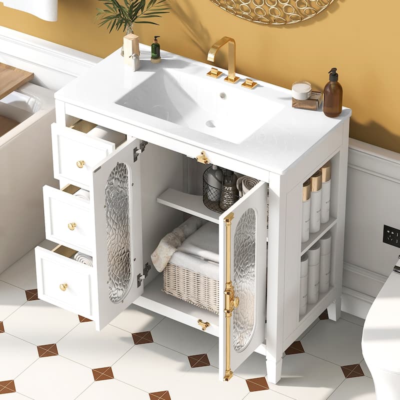 36" Modern Bathroom Vanity – Features 2 Soft-Close Doors & 3 Smooth-Glide Drawers, Solid Wood Frame for Durable Storage‌.