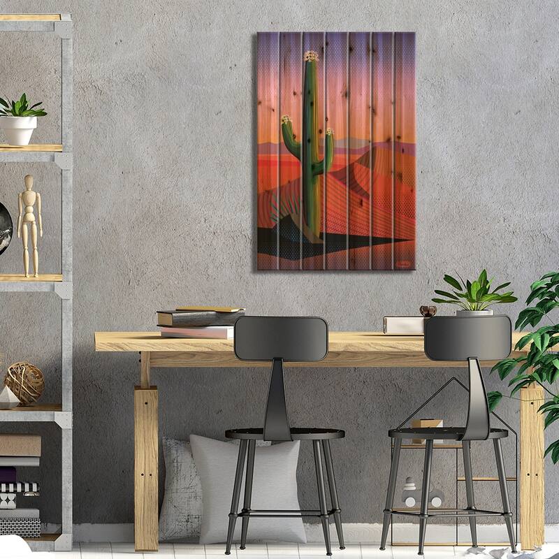 Saguaro Blossom Sunset Print On Wood by Charles Harker - Multi-Color
