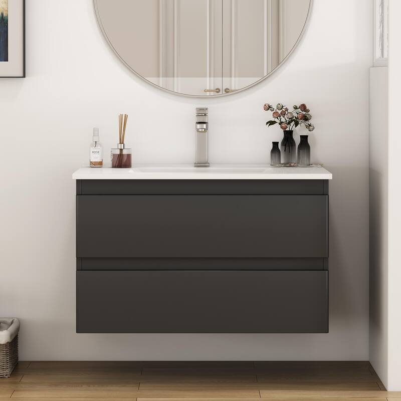 32 Inch Floating Bathroom Vanity with One-piece Ceramic Sink, Wall Mounted Cabinet with 2 Drawers