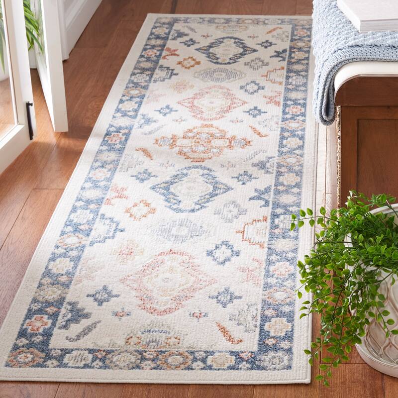 SAFAVIEH Blair Machine Washable Kanae Slip Resistant Boho Rug - 2'2" x 8' Runner - Beige/Blue