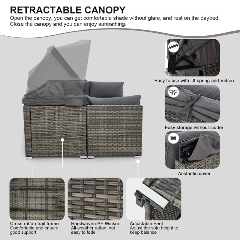 EROMMY 6-Piece Patio Furniture Set, Rattan Daybed with Canopy and Adjustable Backrest