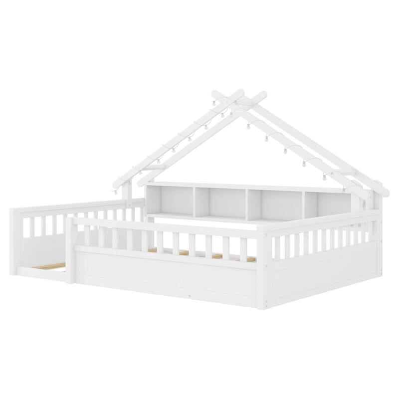 Twin/Full Floor Bed with Storage Bookshelves & Roof Shape for Kids