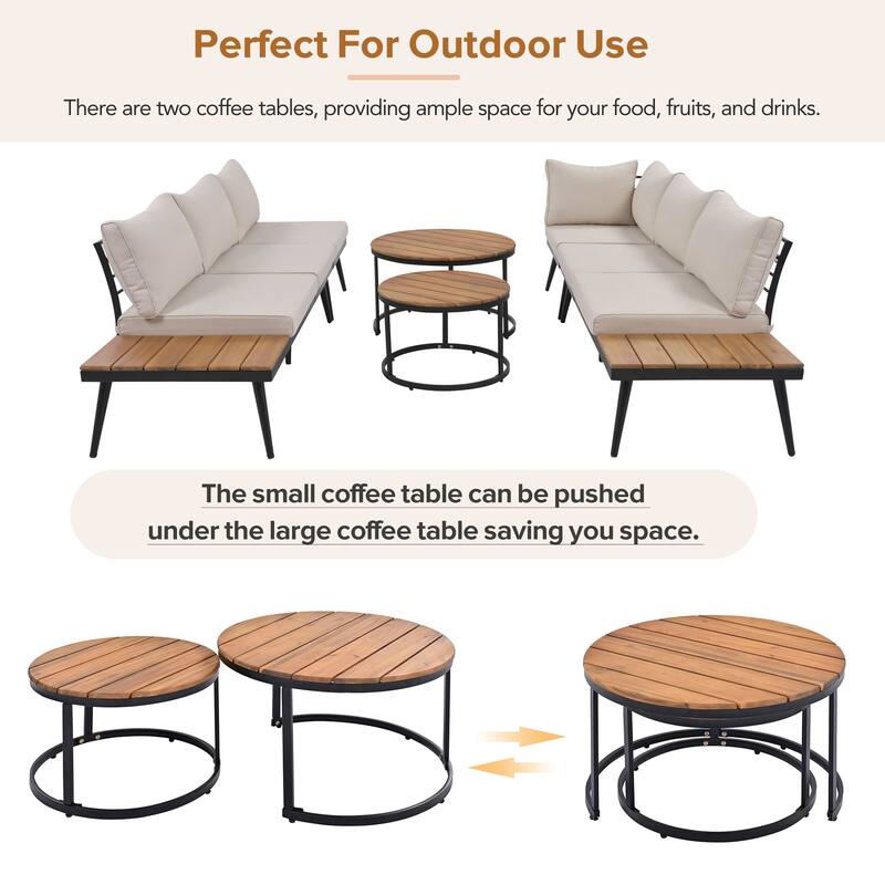 Beige Acacia Wood Outdoor Sectional Sofa Set with Round Nesting Coffee Tables