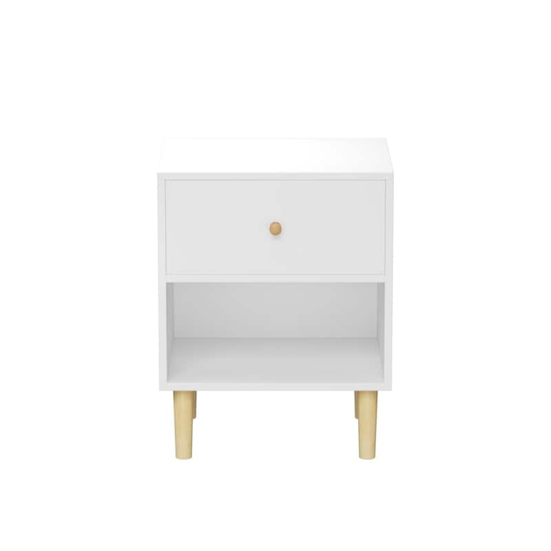 Wooden Nightstand with Drawer, Chair Side End Table with Wooden Legs, Couch Side Table with Open Storage Shelf