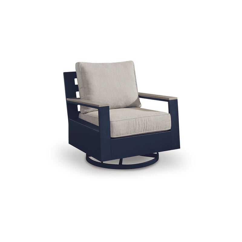 Signature Design by Ashley Mabry Shores Navy Blue/Beige Outdoor Swivel Glider Chair with Cushion - 33" W x 34" D x 36" H