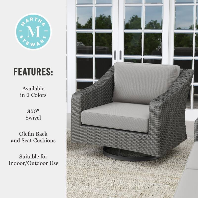 Martha Stewart 2PK Outdoor Rattan Wicker Swivel Chairs with All-Weather Cushions - 32"W x 34"D x 30"H