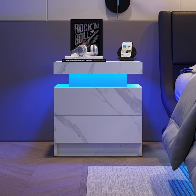 Nightstand LED Bedside Table Cabinet Lights Modern End Side with 2 Drawers for Bedroom