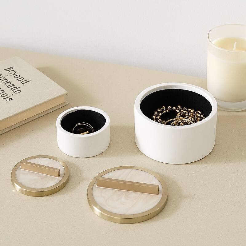 Elegant Round Decorative Box with Metal Lid - Set of 2, 7", 5", White - 7.0"