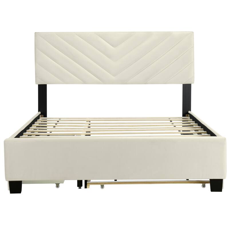 Twill Upholstered Bed with Twin Trundle & Drawers, Queen Size, Beige