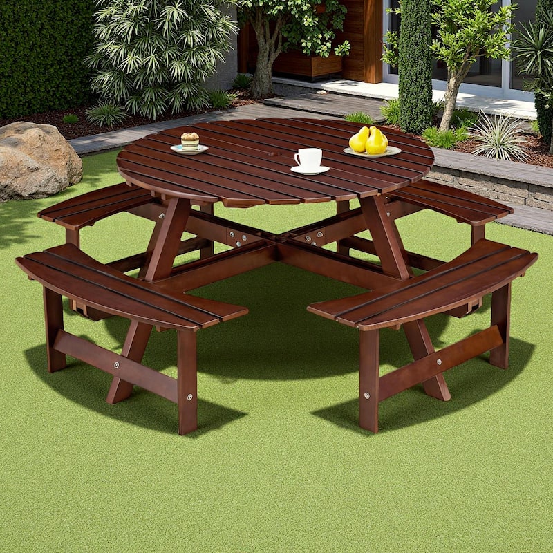 8-Person Outdoor Patio Wooden Round Picnic Table with 4 Built-in Benches and Umbrella Hole - Brown