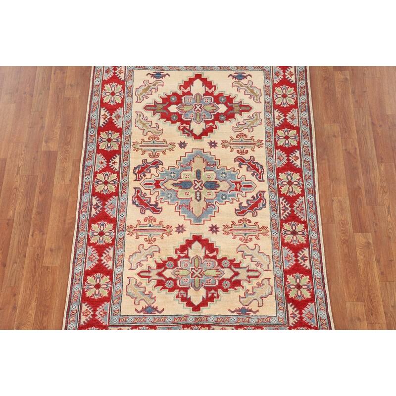 Kazak Oriental Area Rug Handmade Beige Geometric Wool Carpet - 4'0" x 6'5"