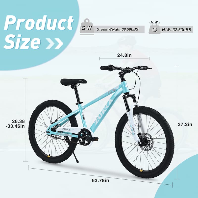 Mountain Cycling Bike 24 Inch Road Commuting Kids Bicycle with Dual Disc Brakes and Shock-Absorbing Fork for Boys and Girls