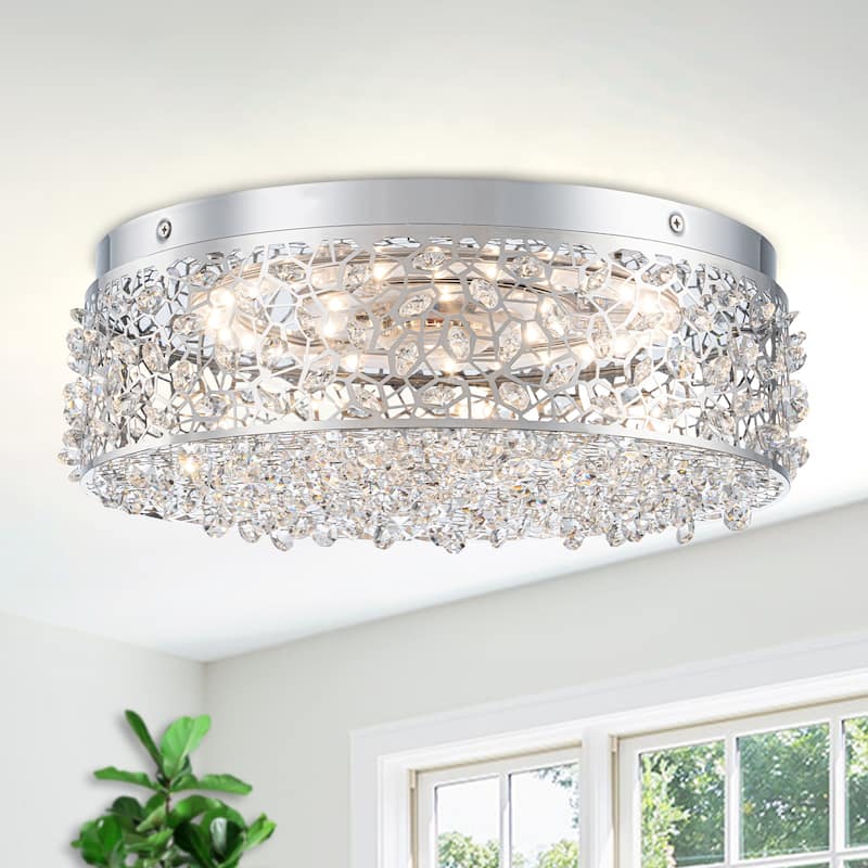 LED Flush Mount Ceiling Light with Stainless Steel Shade and Crystal - Dia.14.17-in - Dia.14.17-in