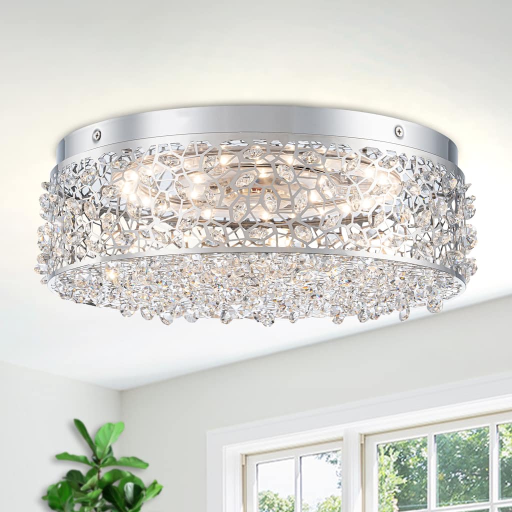 LED Flush Mount Ceiling Light with Stainless Steel Shade and Crystal - Dia.14.17-in