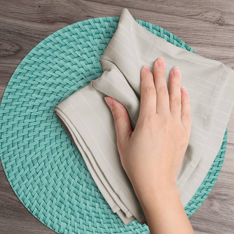 CounterArt Teal and Natural Basket Weave Design Round Reversible Easy Care Plastic Placemat Set of 4 Made in The USA