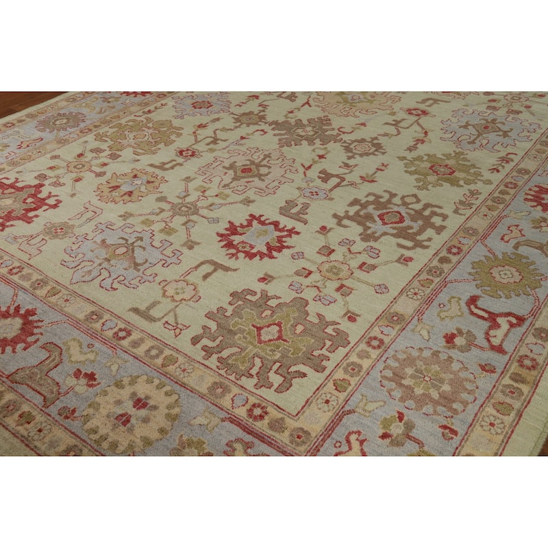 Hand Knotted Oriental 100% Wool Carpet Transitional All-Over Green Oushak Area Rug - 12' 4'' X 9' 2''