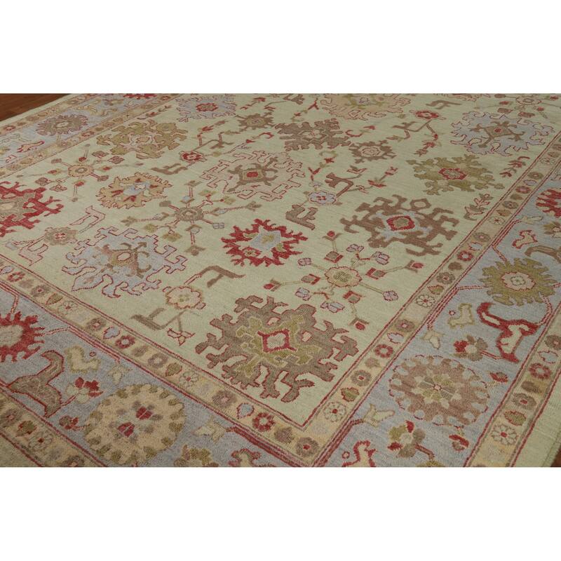 Oushak Turkish Area Rug Handmade Vegetable Dye Green Wool Carpet - 9'2" x 12'4"