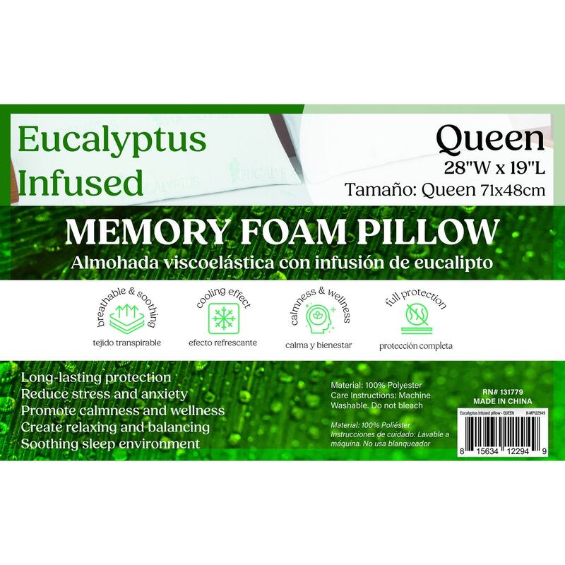 Memory Foam Bed Pillow Queen Eucalyptus Infused - Cooling, Breathable, and Stress-Reducing Pillow - White