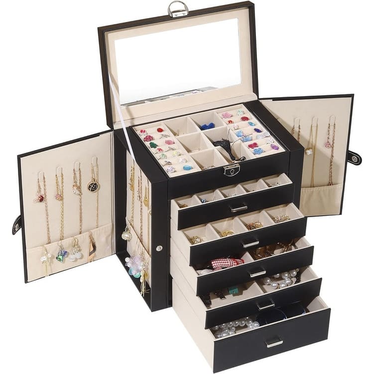 6 Layer Large Jewelry Organizer With Mirror - 6.6"D x 10.6"W x 11"H - Black