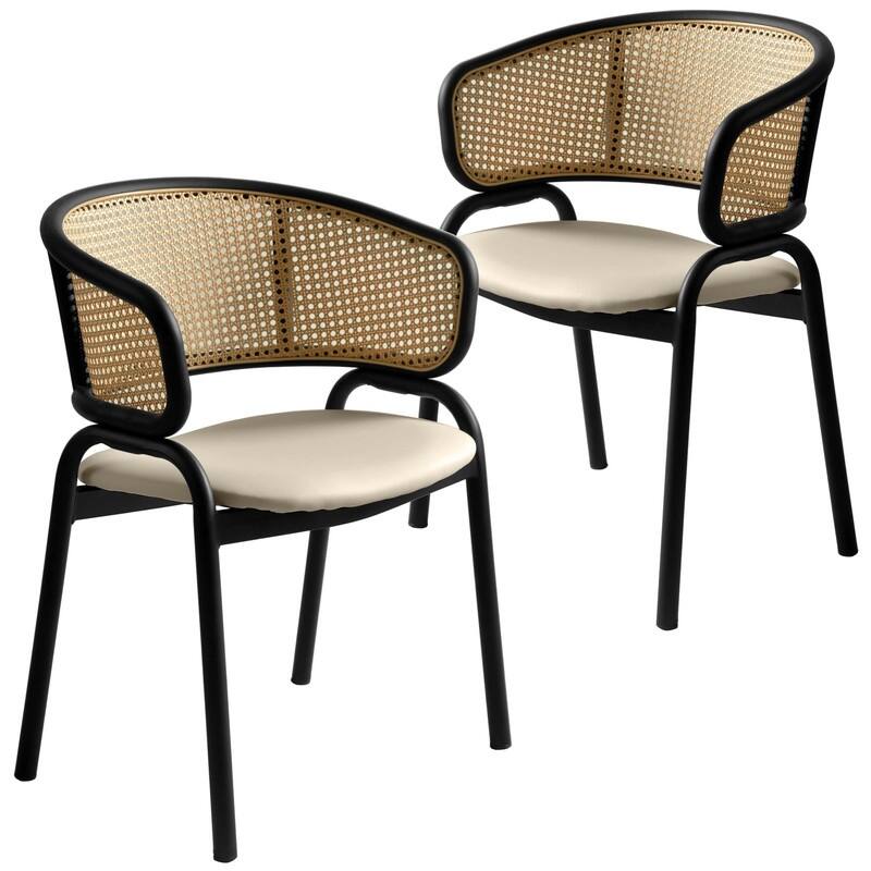 Ervilla Modern Leather Upholstered Wicker Back Dining or Accent Side Chair with Black Steel Frame for Home Furniture Set of 2
