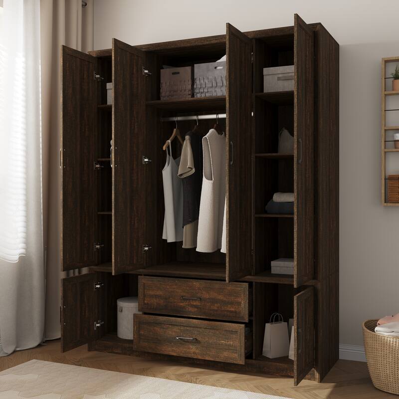 6 Doors Wardrobe Closet Armoire with Hanging Rail White/Brown Large Cabinet