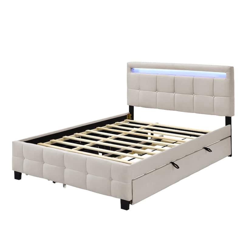 Queen Size Upholstered Platform Bed with LED Frame,with Twin XL Size Trundle