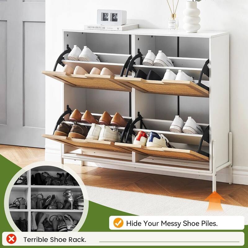 4-Door Freestanding Rattan Shoe Cabinet Organizer with Adjustable Shelves
