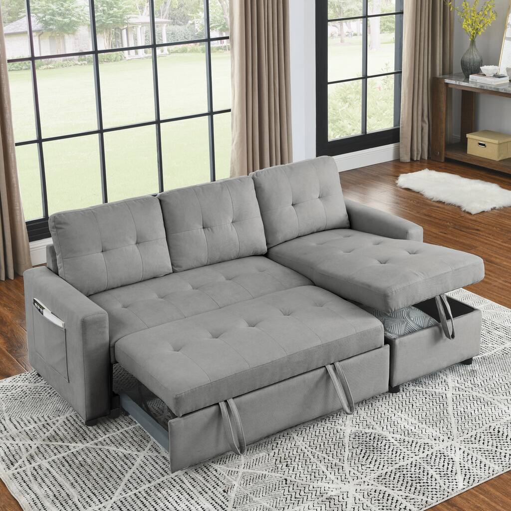 Reversible Sectional Sleeper Couch Sofa Bed with Storage Chaise and Side Bag