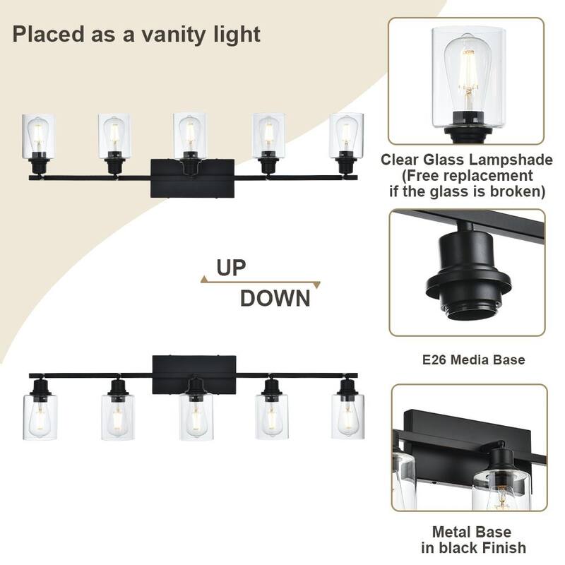 5-Light Vanity Light Bathroom Fixture with Clear Glass Shade, Rotating Metal Ceiling Spotlight Fixture with Track Heads
