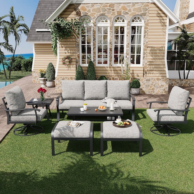 EROMMY Patio Set: 360° Swivel Rockers, Sofa, Ottomans & Table – Outdoor Conversation Set for Poolside, Garden & Deck - 7 PCS - Sofa & Swivel Rocking Chair - Grey