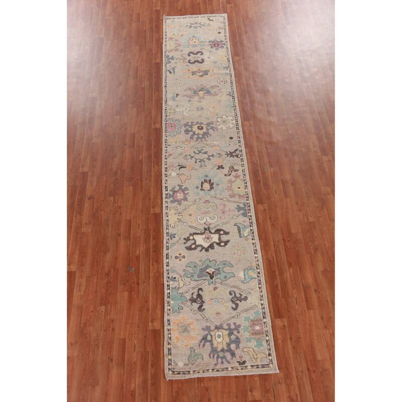Hand Knotted Oriental 100% Wool Carpet Transitional Floral Beige & Ivories Oushak Runner Rug - 13' 8'' X 2' 7''