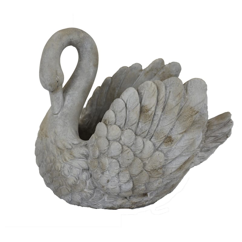 Jina Large Planter with Swan Sculpted Details, Gray Terracotta 12 Inch