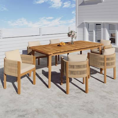 Christopher Knight Home - Kestrel Acacia Outdoor 7 Piece Dining Set with Slatted Tabletop and Washable Cushions