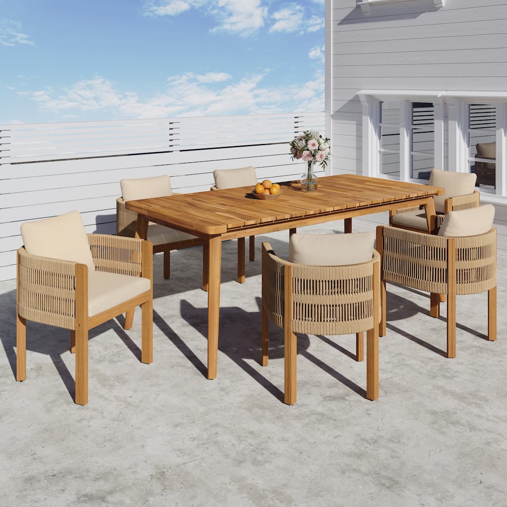 Roomfitters 7-Piece Outdoor Dining Set, Acacia Wood Patio Table and 6 Rope Woven Armchairs with Cushions