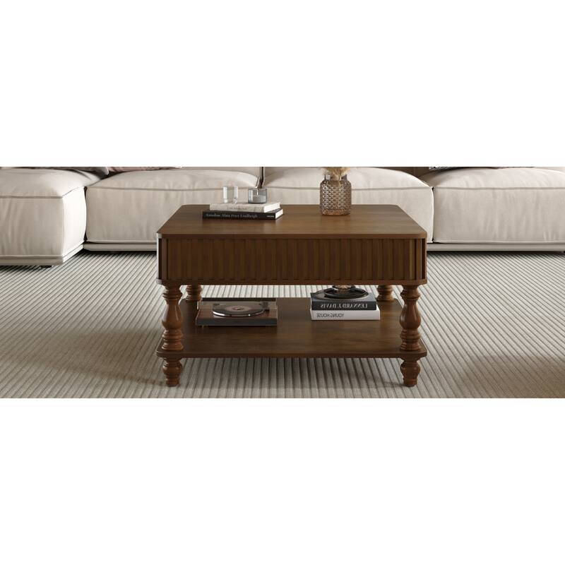 Roomfitters 31.5" Square Lift Top Coffee Table, Fluted Storage Center Table with Hydraulic Mechanism and Solid Wood Legs