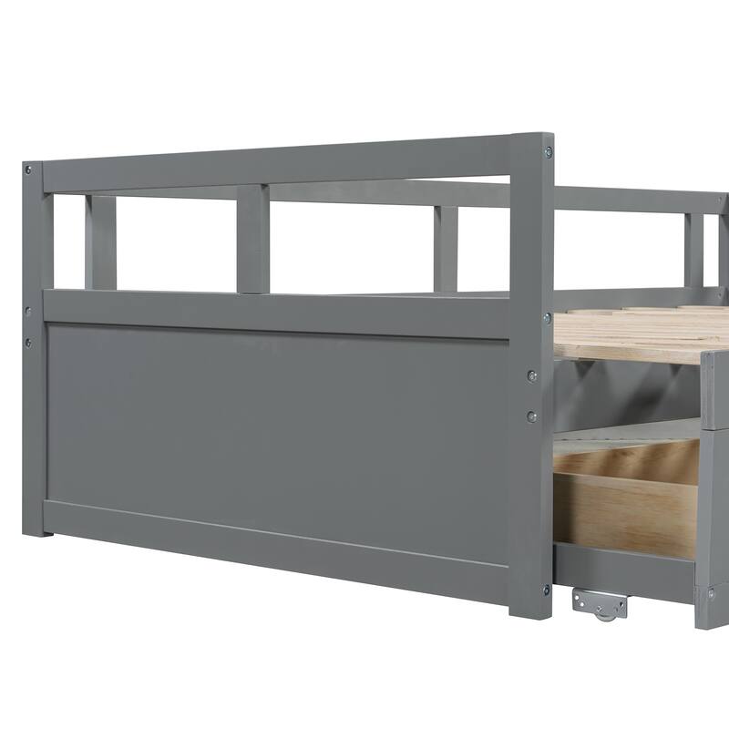 Pine Wood Daybed with Pull-Out Trundle and Two Storage Drawers, Twin to King