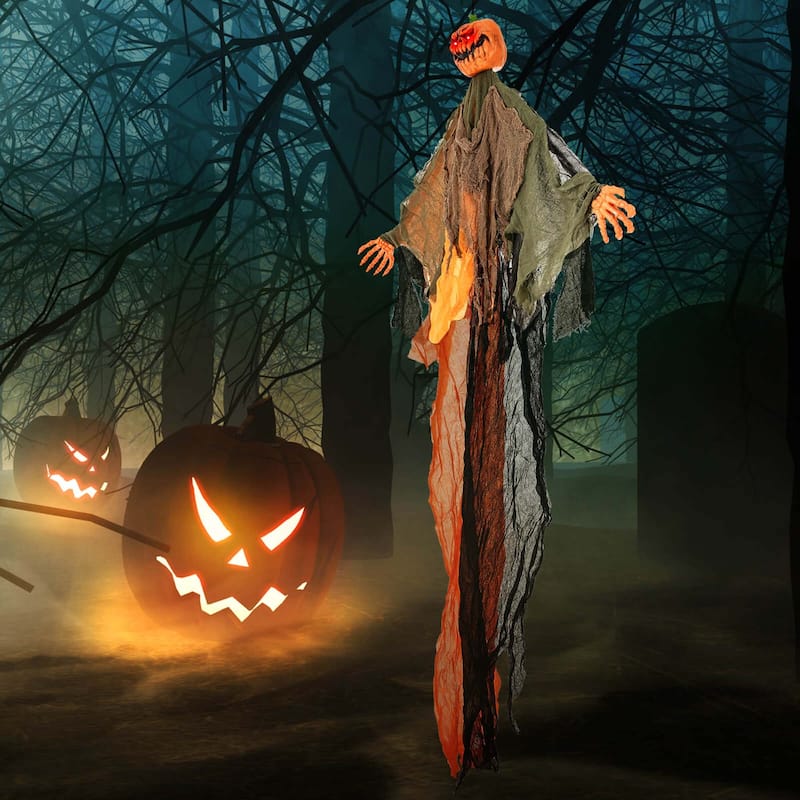 Costway 6 FT Light-up Hanging Pumpkin Ghost with Red Glowing Eyes &