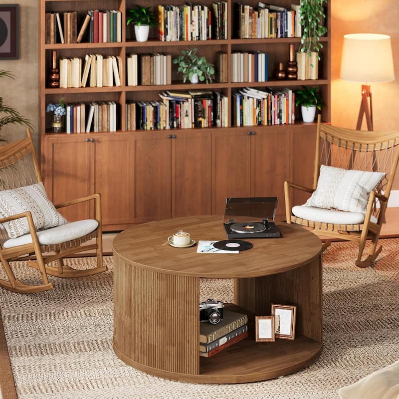 Round Coffee Table, 31.5" Circle Center Table with Fluted Drum Base and Alcove Storage, Mid-Century Modern Accent Cocktail Table
