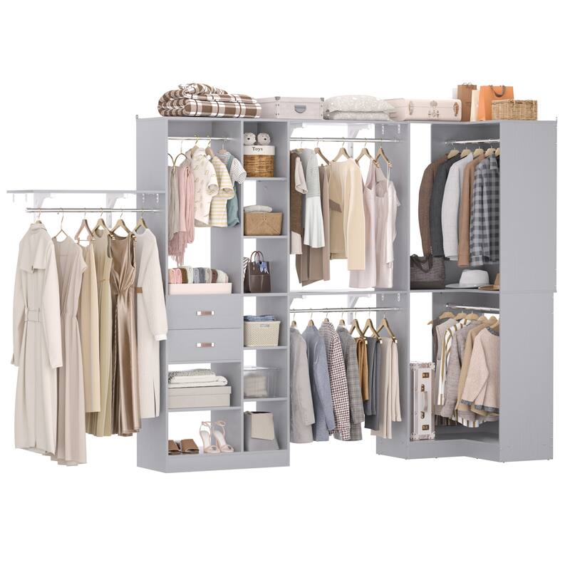Rackcog 63’‘ - 127.5'' Closet System with Hanging Rods, Set of 2 Corner Closet Organizer with Drawers and Shelves