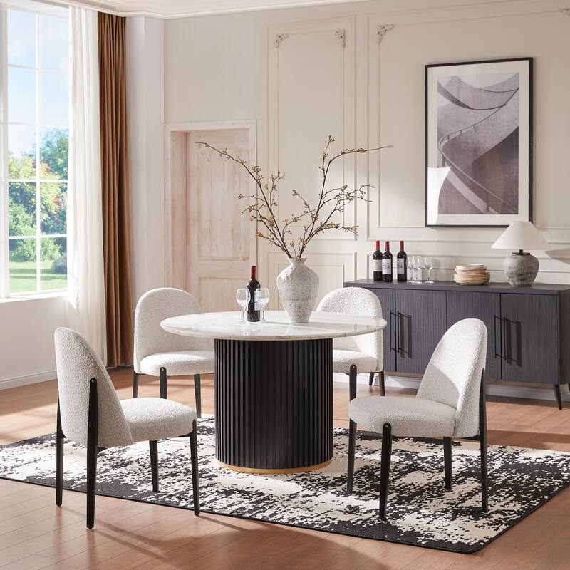 5-Pieces Dining Table Chairs Set with Imitation Marble Table Top - White