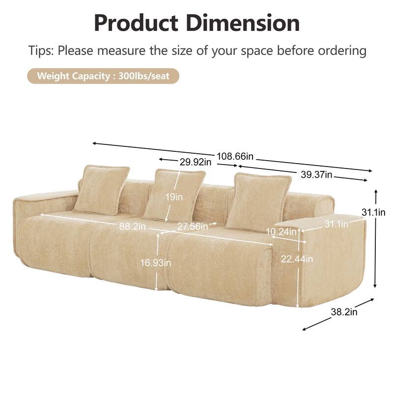GDFStudio - Modular 3-Seater 108.66" Boneless Velvet Sofa