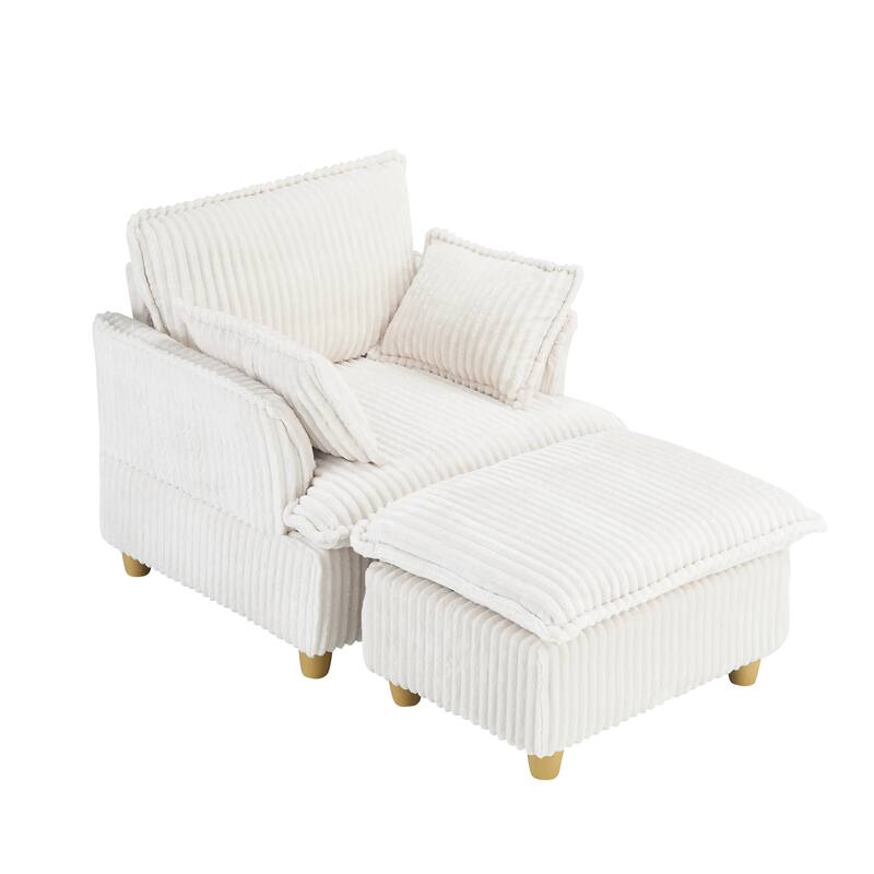 Single Sofa with Ottoman, Comfy Corduroy Upholstered Armchair, Lounge Chair with Throw Pillows for Living Room, Balcony