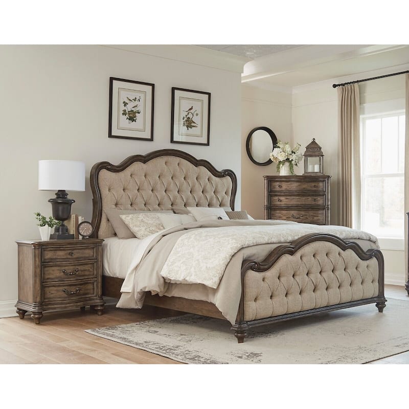 Traditional Bedroom 3pc Set Brown Oak Finish Bed and Two Nightstands