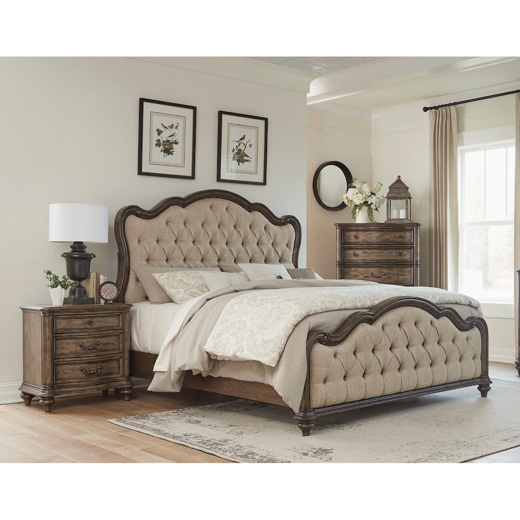 Traditional Bedroom 3pc Set Brown Oak Finish Bed and Two Nightstands